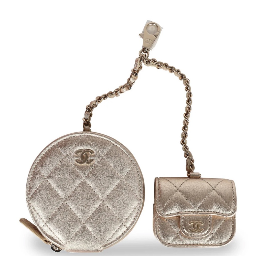 CHANEL Gold Metallic Round Clip-On Coin Purse & Airpod Pro Case